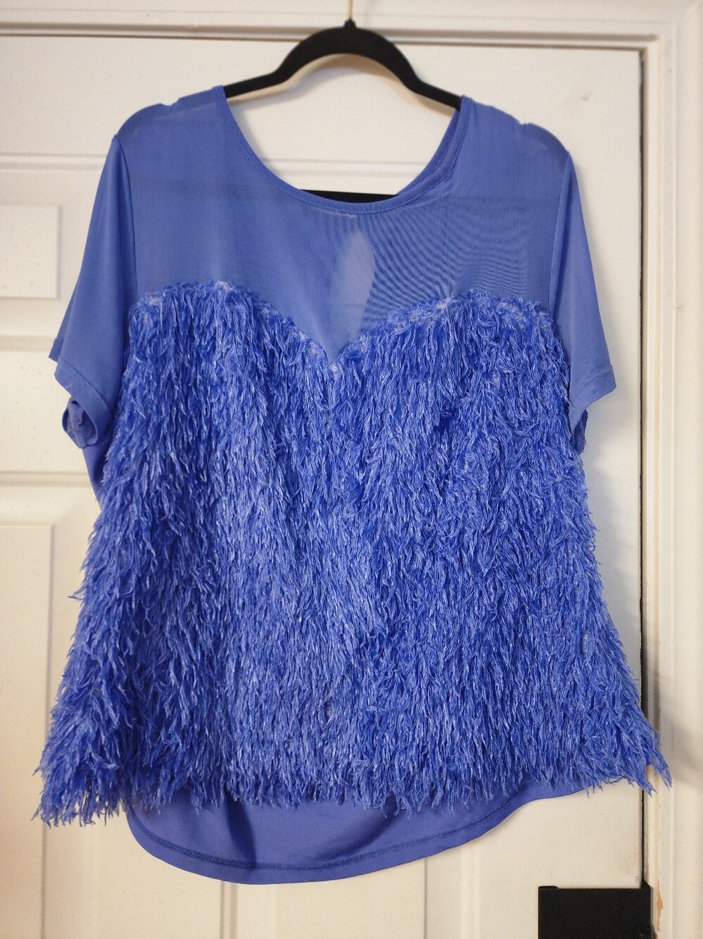 Women's Blue Textured Fringe Short Sleeve Top